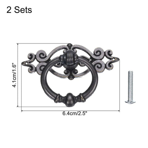 Vintage Ring Drawer Pulls Set of 2 Black Zinc Alloy Dresser Knobs With Screws Retro Style Handles dimensions shown