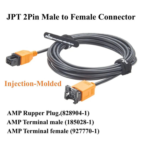 Garage Tested Two Pin JPT Extension Cable With IP67 Sealed Male To Female Plugs 18AWG Copper Auto Wiring Harness Fourteen Foot Cord with injection-molded connectors.