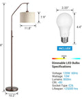 Bronze Arched Floor Lamp With Hanging Lampshade, dimensions shown, includes 10W 3000K LED bulb, Stepless Dimming Rotary Switch.