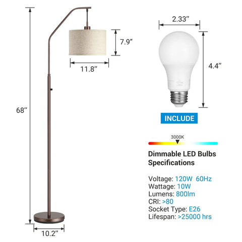 Bronze Arched Floor Lamp With Hanging Lampshade, dimensions shown, includes 10W 3000K LED bulb, Stepless Dimming Rotary Switch.
