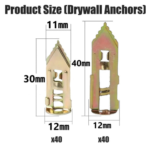 Product size illustration of 80 Sets No Drill Drywall Anchors And Screws Kit with 4 sizes self drilling wall anchors