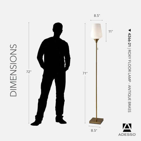 Roxy Tall Floor Lamp in Brushed Steel With White Opal Glass, 71 Inch Height next to silhouette for size comparison