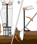 Diagram showing usage of Heavy Duty Pitch Fork 45 Inch Garden Fork With Strong Steel Tines And Long Comfortable Handle For Tough Soil