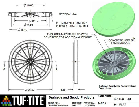 Diagram of 24 Inch Heavy Duty Flat Riser Lid for Septic Tank Risers and Corrugated Pipe, green, with sectional view and dimensions.