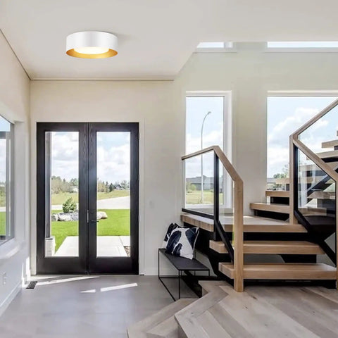Round Modern LED Ceiling Light With Wood Metal And Acrylic Finish, Soft Neutral Glow in a contemporary foyer space.