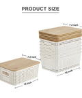 Small Plastic Storage Bins With Bamboo Lids, Stackable Pantry Boxes, 6 Pack, Cream White, 10 X 7.2 X 4.1 Inches shown stacked and side view.