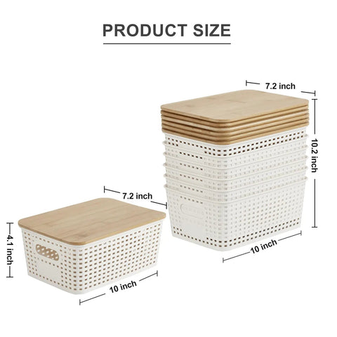 Small Plastic Storage Bins With Bamboo Lids, Stackable Pantry Boxes, 6 Pack, Cream White, 10 X 7.2 X 4.1 Inches shown stacked and side view.