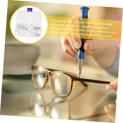 Eyeglass Repair Tool Kit With Nose Pads And Tiny Screws For Quick Eyewear Maintenance, Glasses And Sunglasses Fixes, person using screwdriver on glasses.