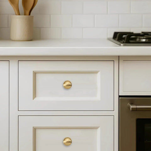20 Pack Brushed Brass Cabinet Knobs Solid Heavy Duty Mushroom Pulls Size For Cabinets Closets Dressers Kitchens And Bathrooms Hardware Upgrade Your Cabinets With Easy Install Dope Look Built To Last, on white kitchen drawers