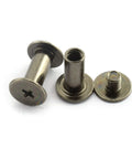 Pack Of 50 Black Chicago Screws Phillips Drive Binding Bolts Copper Plated Steel Rivets For Leather Crafting And Bookbinding showing bolts with rounded heads.
