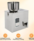 Top Shelf Automatic Filling Machine For Grains And Seeds Straight Up Fast Two To Five Second Bag Packing For Coffee Beans And Spices Dead On One Hundred Gram Dispenser Built Heavy Duty with stainless steel bowl.