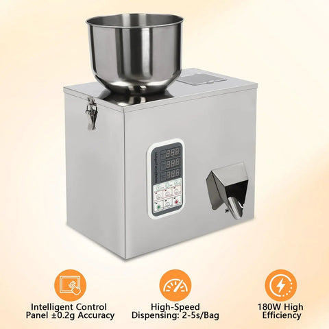 Top Shelf Automatic Filling Machine For Grains And Seeds Straight Up Fast Two To Five Second Bag Packing For Coffee Beans And Spices Dead On One Hundred Gram Dispenser Built Heavy Duty with stainless steel bowl.