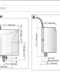 Technical drawings of Mini 3 Tankless Water Heater On Demand Hot Water, wall-mount dimensions, connections, white finish.