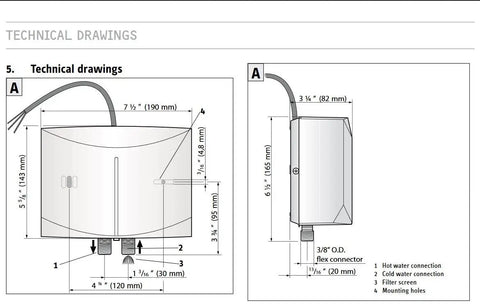 Technical drawings of Mini 3 Tankless Water Heater On Demand Hot Water, wall-mount dimensions, connections, white finish.