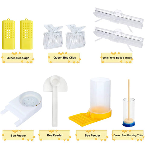 All-In-One Beekeeping Starter Kit with 30 must-have tools including queen bee cages, bee feeders, and marking tube.