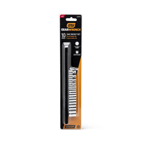 10 Piece 1/4 Inch Drive 12 Point Standard Socket Set SAE Built Tough With Off Corner Loading in retail packaging