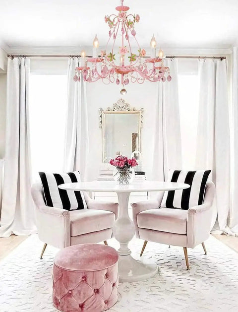 Pink Crystal Chandelier For Girls Room With Five Lights, 23.6 Inch Wide Rose Flower Style Pendant Lighting in elegant kids' decor.