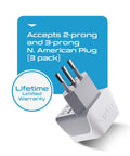 Italy And Chile Travel Plug Adapter Set With Type L Grounded Socket Dual USA Input Compact 3 Pack For Cell Phones, Laptops And Chargers