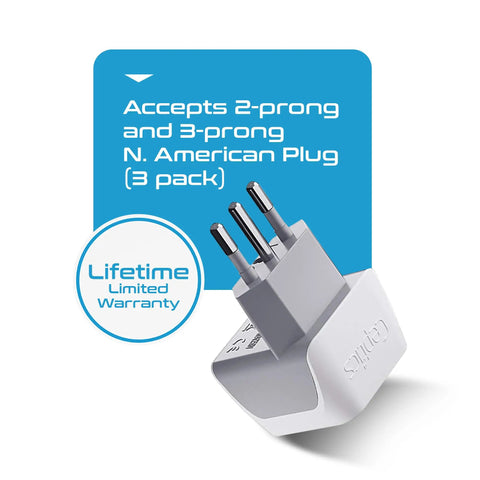 Italy And Chile Travel Plug Adapter Set With Type L Grounded Socket Dual USA Input Compact 3 Pack For Cell Phones, Laptops And Chargers