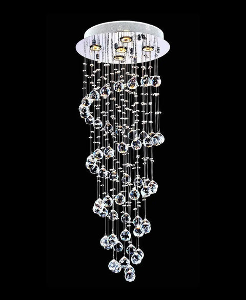5 Light Modern Raindrop Crystal Chandelier With Tall Height Chrome Canopy GU10 Bulb Ready LED Compatible K9 Crystals For Foyer Dining Or Living Room A Luxe Lit Home Upgrade Pendant Lighting Fixture displaying cascading crystals.