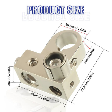 Solid Brass Battery Terminals For Car Audio Upgrades equipped for top or side placement, showing product dimensions.