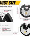 Diagram of Outdoor Stainless Steel Disc Padlock with 3/8 inch shackle, dimensions, and waterproof shield for sheds and fences.