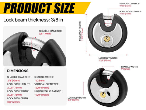 Diagram of Outdoor Stainless Steel Disc Padlock with 3/8 inch shackle, dimensions, and waterproof shield for sheds and fences.
