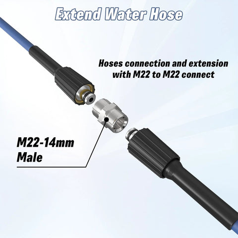 Front view of stainless steel pressure washer quick-connect adapter set, M22-14mm to M22, 9-piece kit