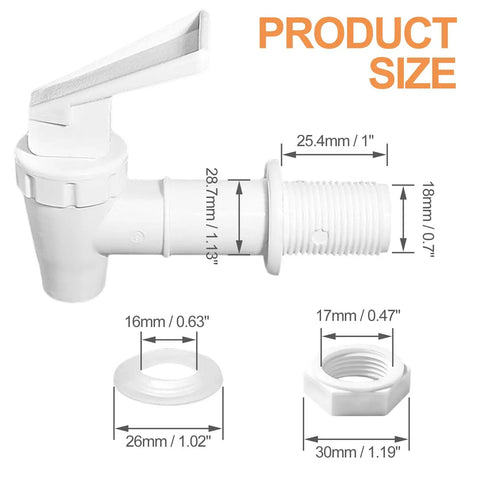 Pick Up Two White Replacement Cooler Faucets With Lock Nuts And Washers Easy Swap Water Dispenser Tap dimensions including sizes.