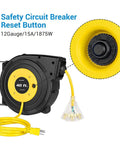 Close-up of 40 Ft Retractable Extension Cord Reel With A Heavy Duty SJTOW Cable Triple Outlets And 15A Breaker Wall Or Ceiling Mount.