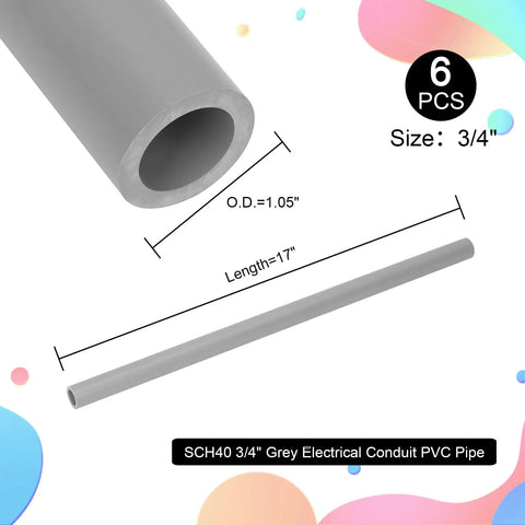 Six Pieces Three Quarter Inch Grey Electrical Conduit PVC Pipe Seventeen Inches Long Sch40 Rigid Tube Round Pipes for DIY