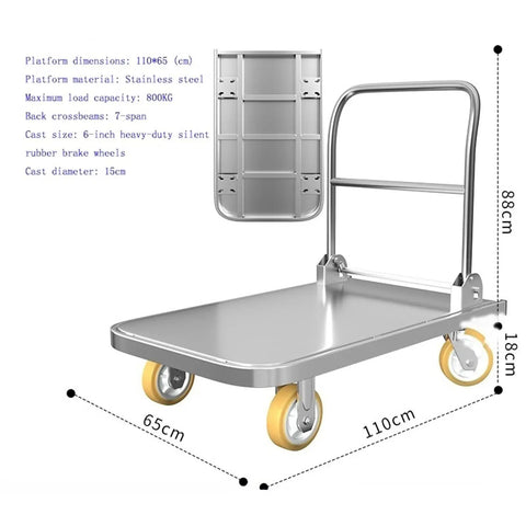 Heavy Duty Stainless Steel Platform Hand Truck Hella Durable Push Cart With Six Inch Swivel Wheels And Reliable Locking Brakes, dimensions and design view.