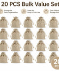 20 PCS bulk value set of burlap bags with drawstrings, ideal for party, craft use, storage. Grid layout highlighting cost-effectiveness.