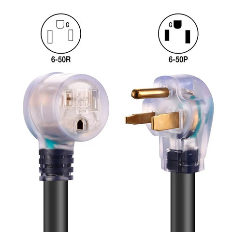 Heavy Duty 25 Ft Welding Extension Cord 8 AWG Copper 40A 250V Lighted End NEMA Six Fifty Style plug and receptacle view