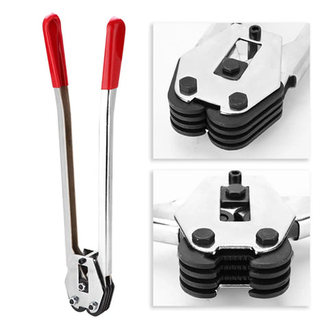 Heavy Duty Strapping Tensioner And Sealer Tool Set for PET and PP plastic straps, steel frame with heat-treated jaw, shown in detail.