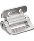 Close-up of a silver zinc-alloy soft-close cabinet hinge with mounting holes