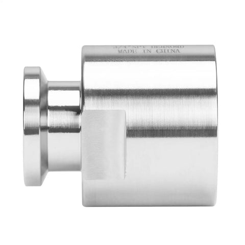 Side view of stainless steel 304 half inch Tri Clamp adapter to three quarter inch FNPT ferrule sanitary pipe fitting