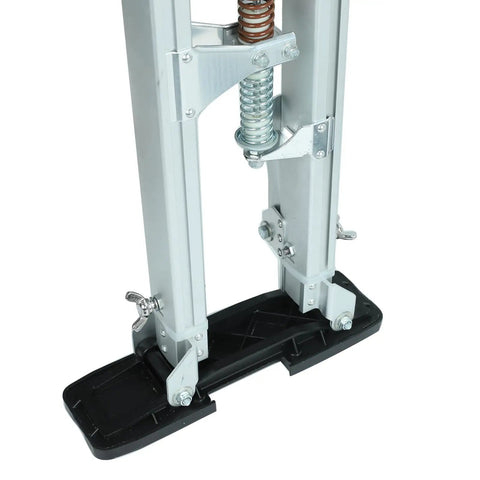 Close-up of Beefed-Up Adjustable 24 To 40 Inch Aluminum Drywall Stilts showing springs and anti-skid rubber sole.