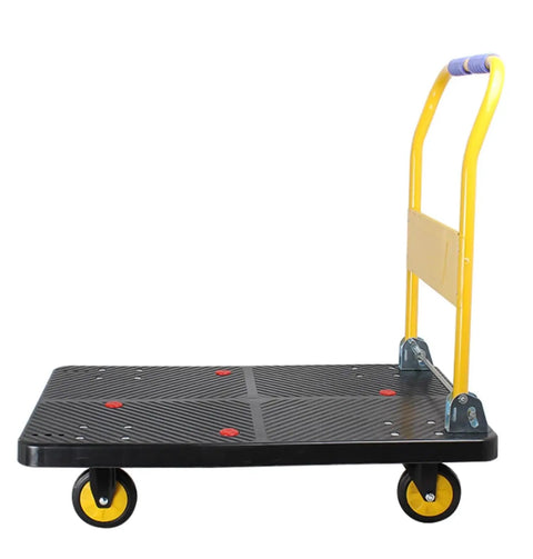Heavy Duty Flatbed Hand Cart Folding Platform Truck With Plastic Panel And Metal Handle Portable Rolling Cart, yellow