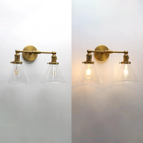 Industrial Dope Double Sconce Wall Light With Dual Seven Point Three Inch Cone Clear Glass Shades Brushed Metal Finish E26 Socket Vintage Modern Hallway Bedroom Lighting