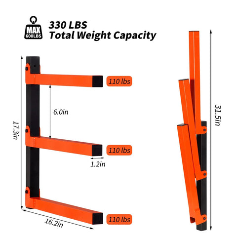 Three Layer Wall Mounted Storage Rack For Long Items Like Lumber And Pipes Heavy Duty Garage Shed Shelving Black Two Pack Scratch Resistant Space Saving Organizer showing dimensions and weight capacity.