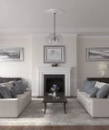 Living room with Ceiling Medallion 35 7/8 Inches Wide by 22 1/2 Inches High with 4 3/8 Inch Projection above chandelier