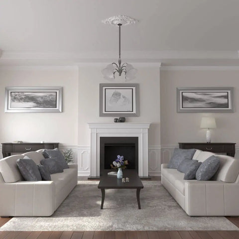 Living room with Ceiling Medallion 35 7/8 Inches Wide by 22 1/2 Inches High with 4 3/8 Inch Projection above chandelier