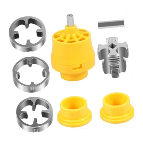 PVC Pipe Threader Set With Dies For One Half Three Quarters And One Inch Pipe Tap Die Kit Hand Tool For Plumbing DIY Pros Includes External Threader Dies And Internal Thread Opener For Quick Clean Threads yellow PVC threading tool with metal dies