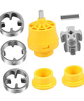 Heavy Duty PVC Pipe Threader Kit With 3 Precision Dies, components including yellow and silver dies for threading.