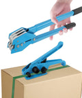 Banding Strapping Kit with Tensioner and Sealer, Steel Cast Aluminum Tool on cardboard box