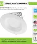 12 Pack 6 Inch LED Recessed Lights With Integrated Junction Box shown with certifications and warranty details.