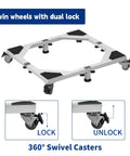 Close-up of the Beefy Heavy-Duty All Steel Fridge Stand With Wheels, showing dual lock swivel casters and anti-slip mats.