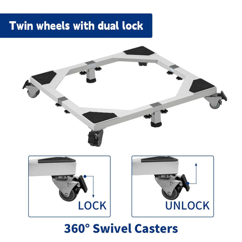 Close-up of the Beefy Heavy-Duty All Steel Fridge Stand With Wheels, showing dual lock swivel casters and anti-slip mats.