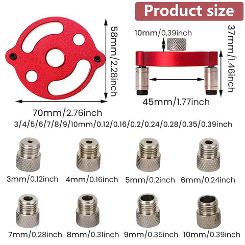Pro Grade Drill Guide Locator With Vertical Self Centering Dowel Jig Kit And 3/4/5/6/7/8/9/10mm Drill Bushings, red parts and measurements displayed